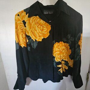 Linda Allard Ellen Tracy silk buttonup shirt black yellow roses